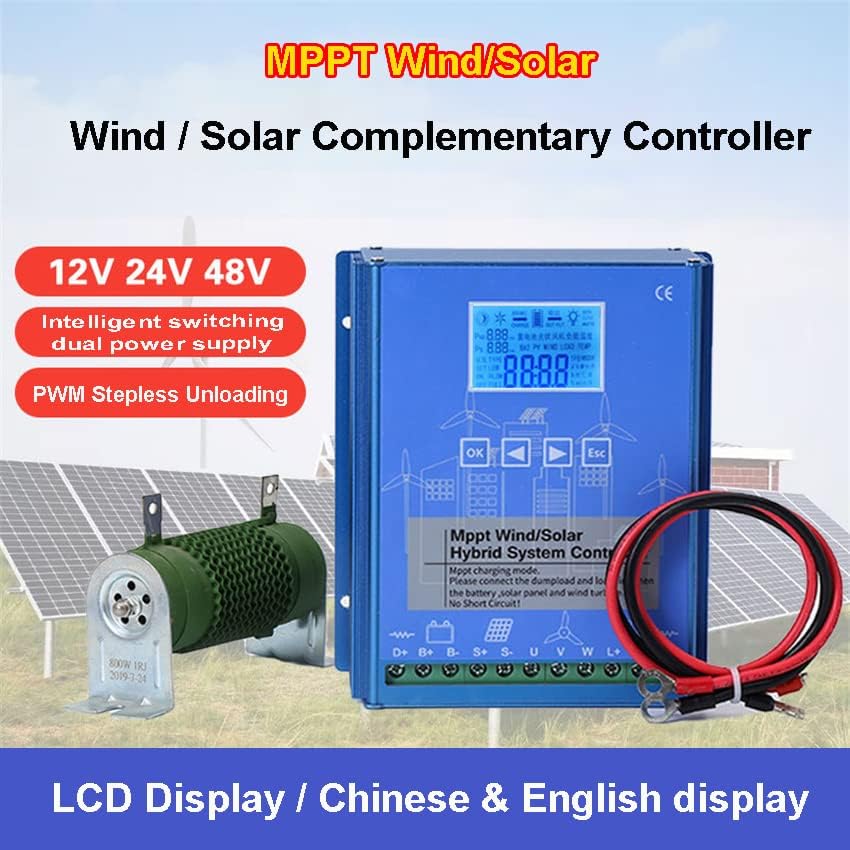 1600W Wind Solar Hybrid Charge Controller, 12V 24V 48V MPPT Charge Regulator Controller with LCD Display Suitable for Wind Solar Panels(Blue),48V