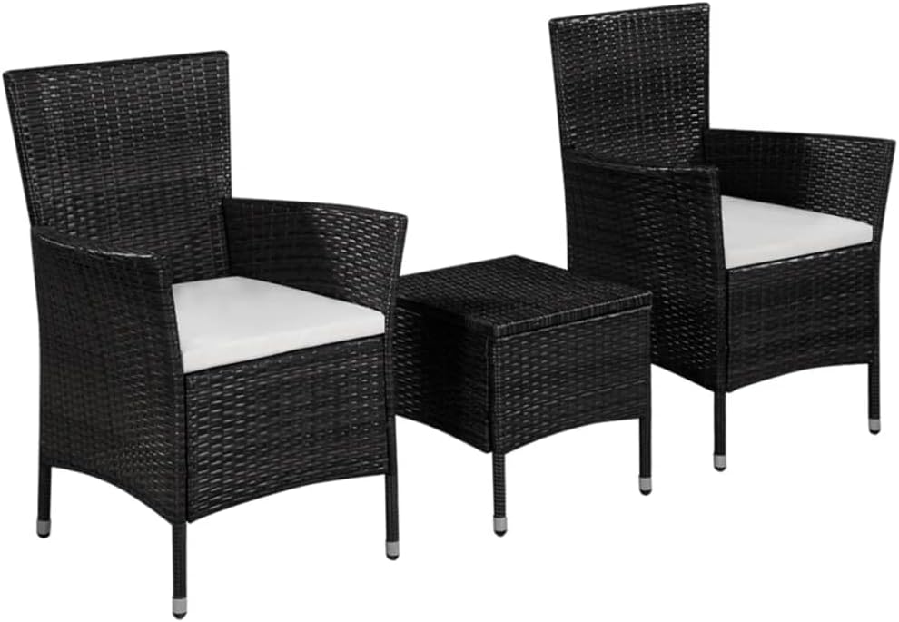3 Piece Bistro Set Poly Rattan Black,Modern Rattan Bistro Set for Outdoor Patio and Garden with Cream White Cushions Patio Furniture Sets, Outdoor Furniture Sets