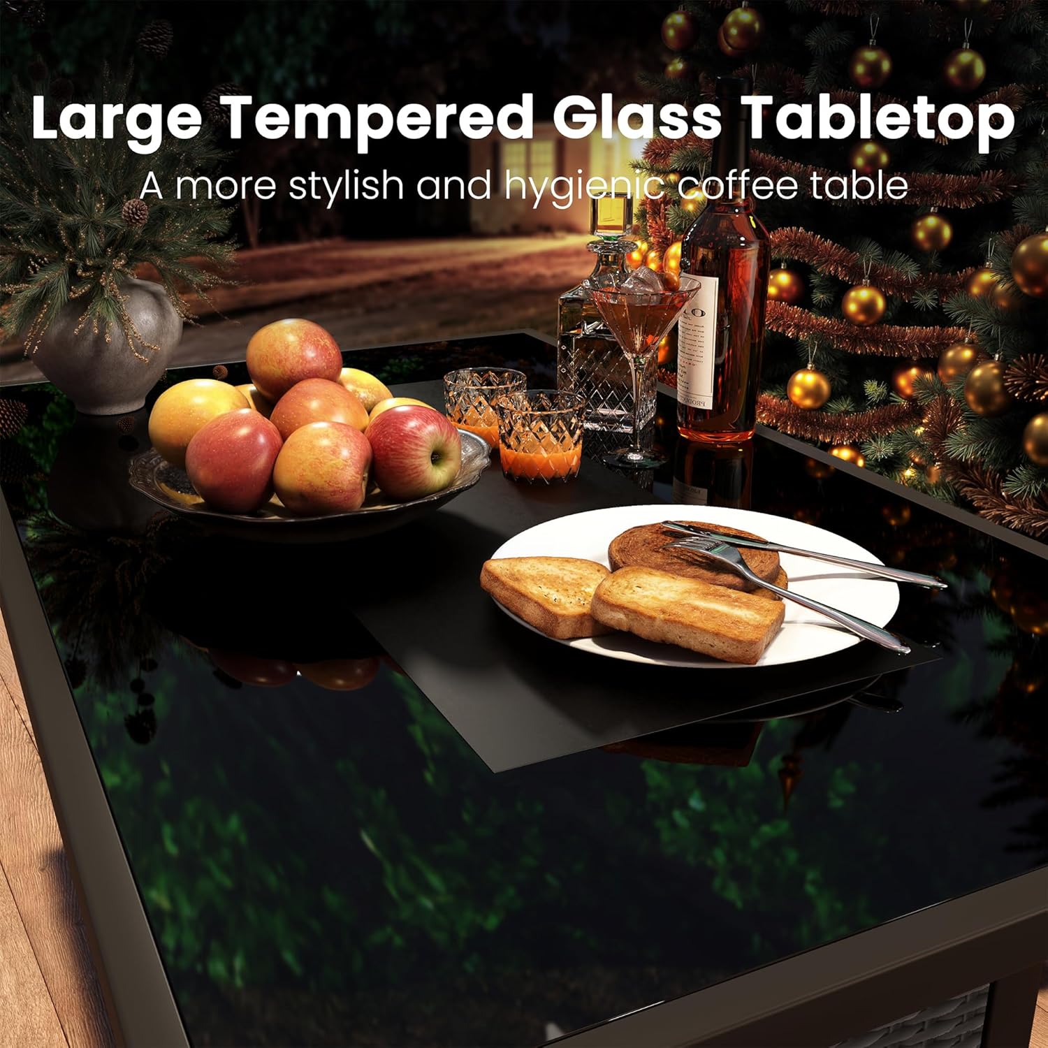 43-Inch Propane Fire Pit Table, Rattan Rectangular Outdoor Gas Fire Pit W/Glass Wind Guard, Tempered Glass Tabletop & Lid, CSA Listed, 60,000 BTU, 304 Stainless Steel H-Burner, for Outside Patio,Black