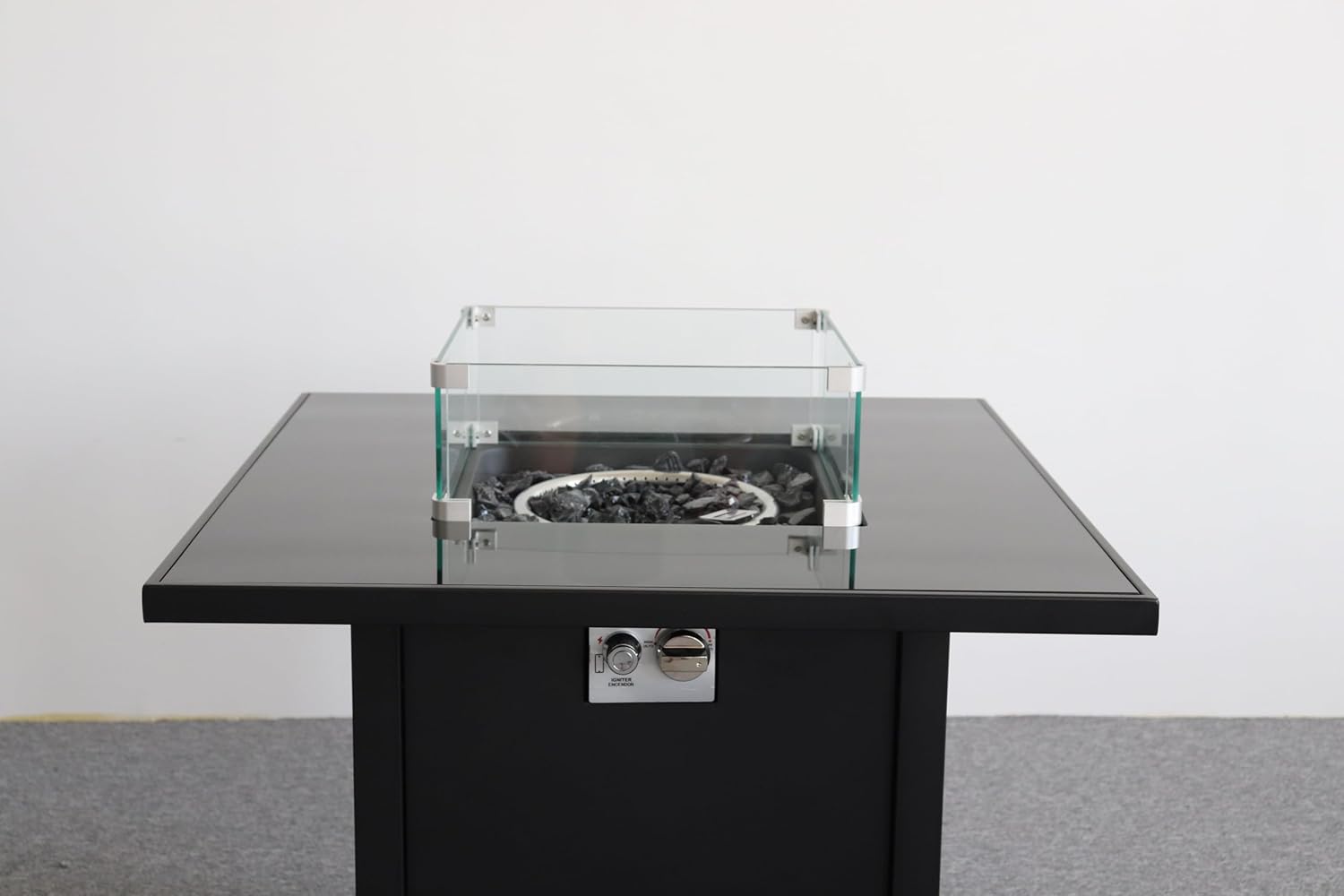 30 Inch Black Powder-Coated Metal Fire Pit with Smoked Glass Top - 40,000 BTU, Propane, Perfect for Backyard Gatherings