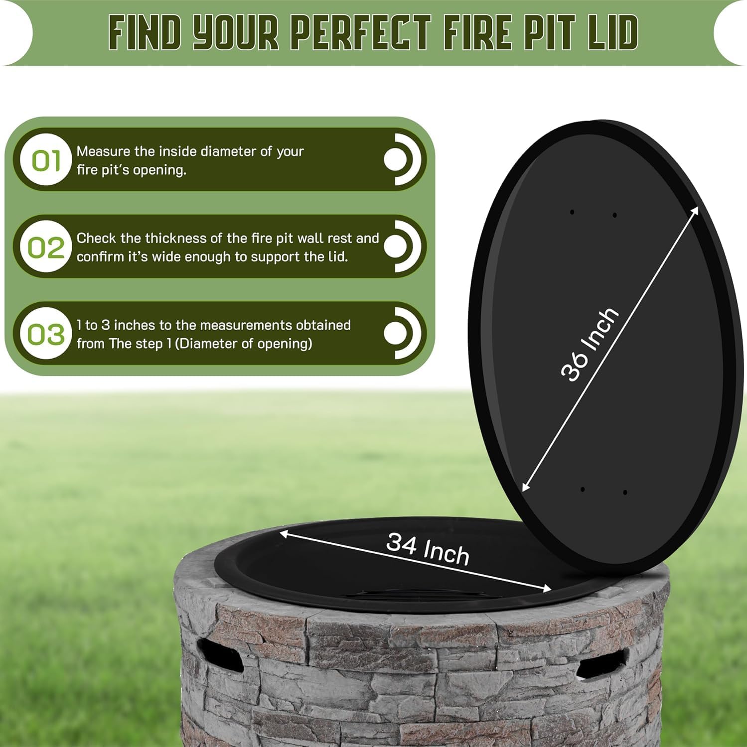 FEBTECH Fire Pit Lid 36 Inch - Steel Fire Pit Lid with 2mm Thickness for Drop-in Burner Fire Pit Pan - Grill Fire Ring Lid with Dual Handle for Outdoor Brick Fire Pit
