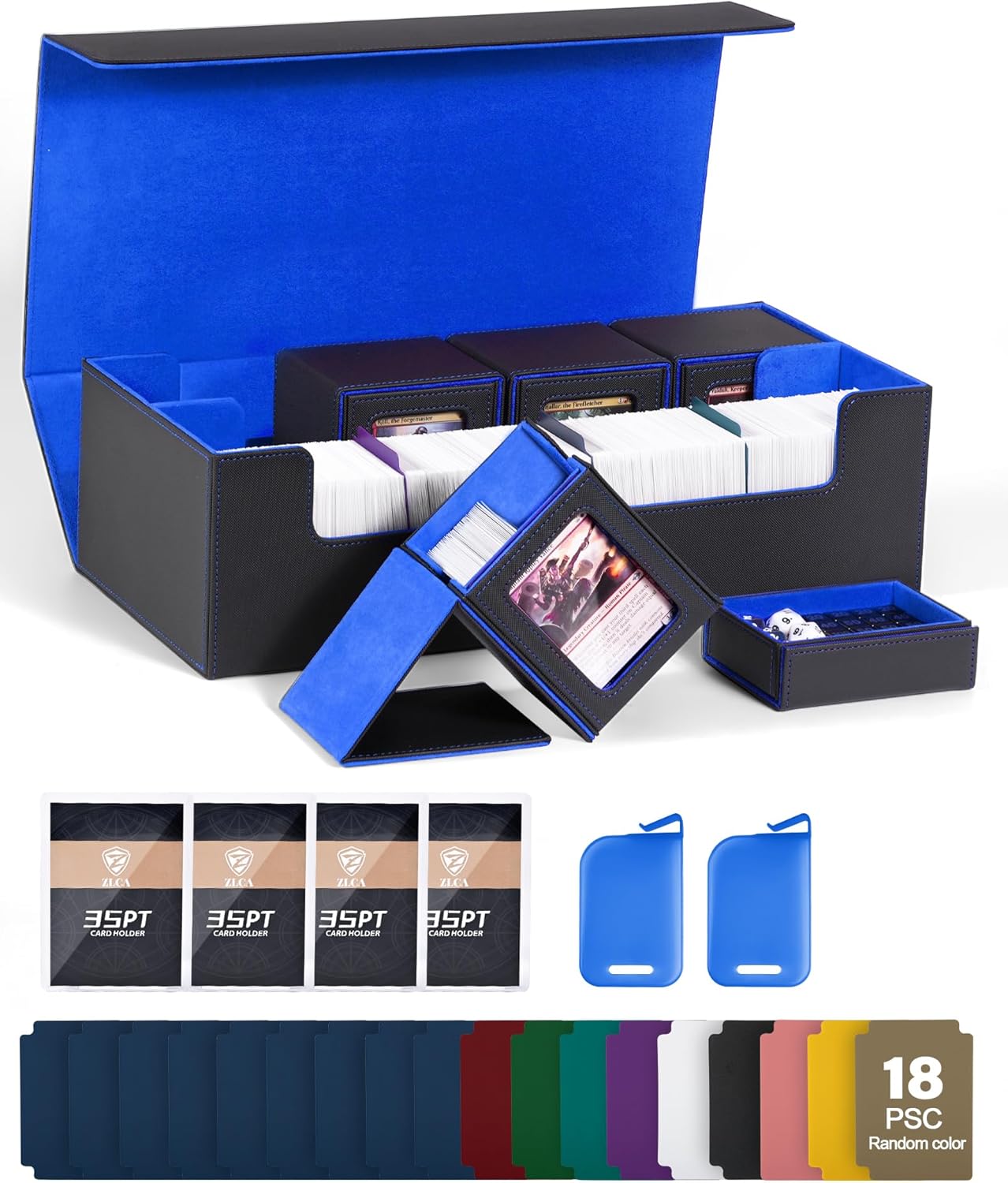 ZLCA MTG Deck Storage Box 5 in 1, Deck Case with 4 Pcs Small Commander Card Box, Large Card Case for TCG Magic Sports Game（Black&Blue）