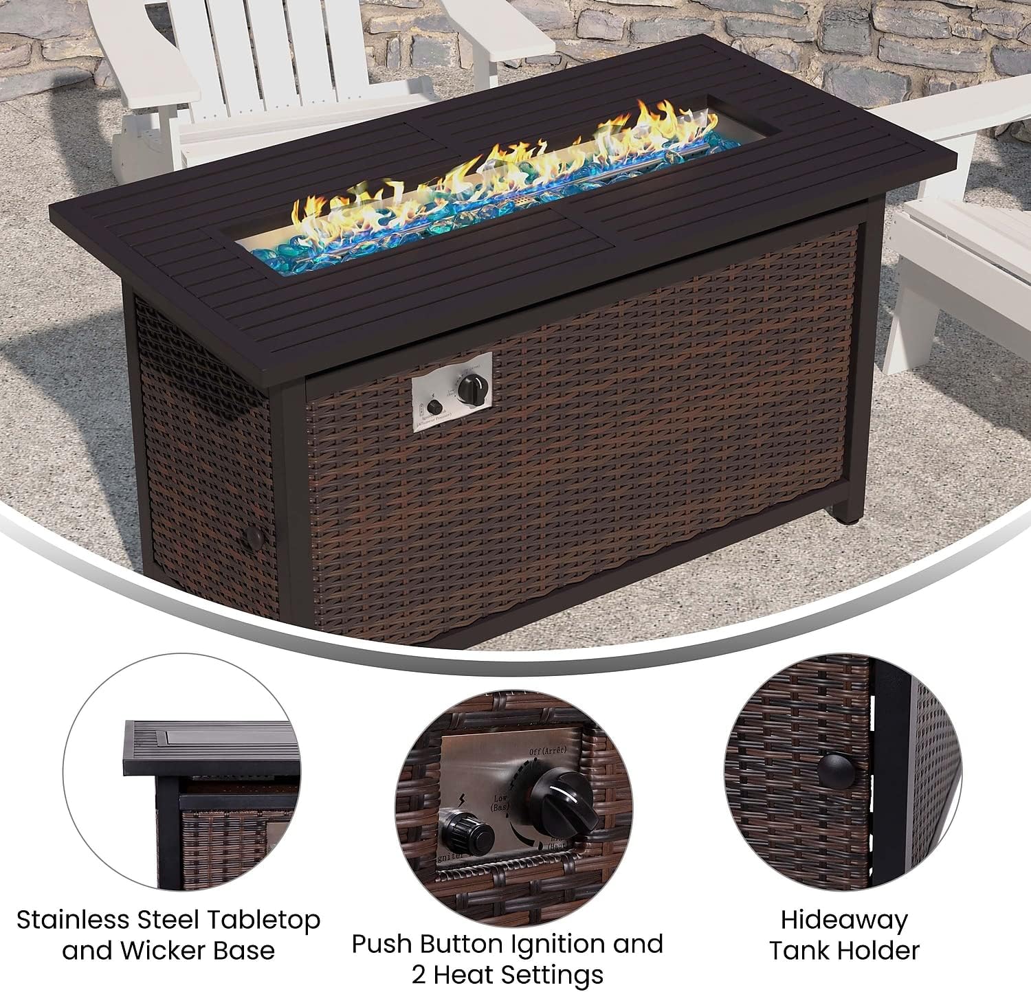 Flash Furniture Olympia 50,000 BTU Outdoor Propane Fire Pit Table - Black Stainless Steel Tabletop and Espresso Wicker Base - 45