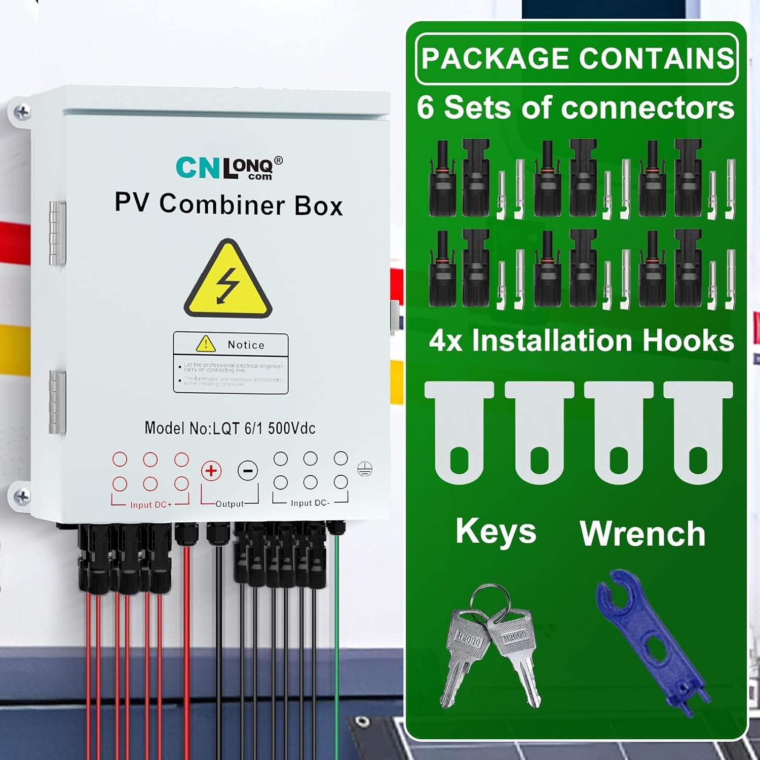 6 Strings Metal Solar PV Combiner Box DC500V 100A Circuit Breaker with Surge Protector, 15A Fuses and Radiator, Outdoor IP66 Waterproof for Solar Panels System