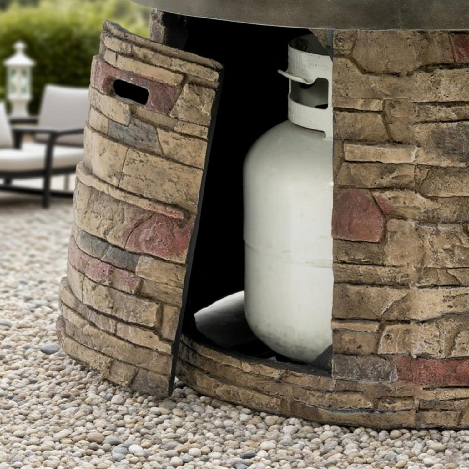 36-Inch Round Propane Fire Pit Table, 50,000 BTU, Stone-Look Base with Metal Top, Hidden Tank Storage