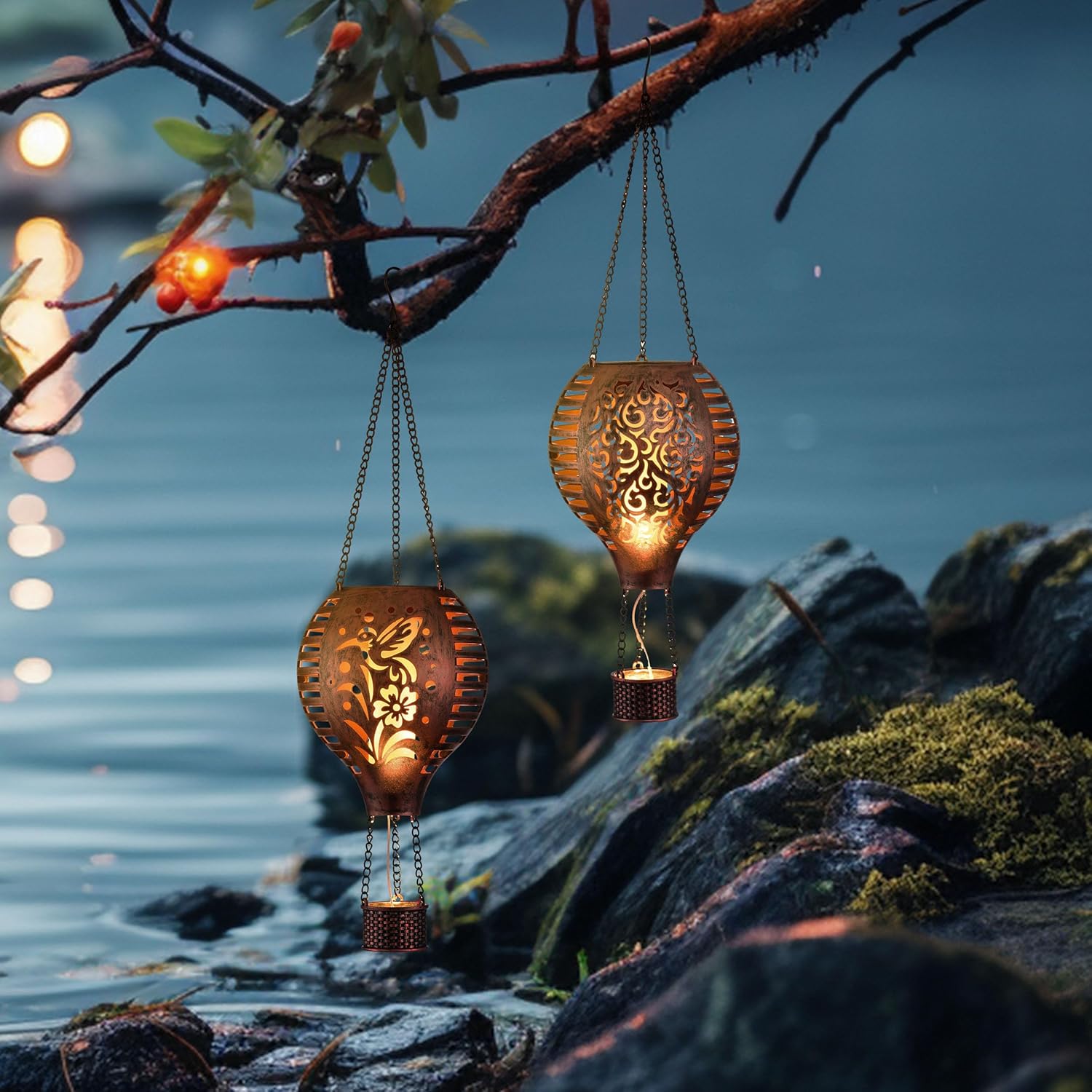 TERESA'S COLLECTIONS 2 Pack Hummingbird Flame and Hot Air Balloon Hanging Solar Lantern for Garden Decor& Lanterns Decorative Indoor Color Changing, Hanging Ramadan Lantern Decor（2 Items Buddle）