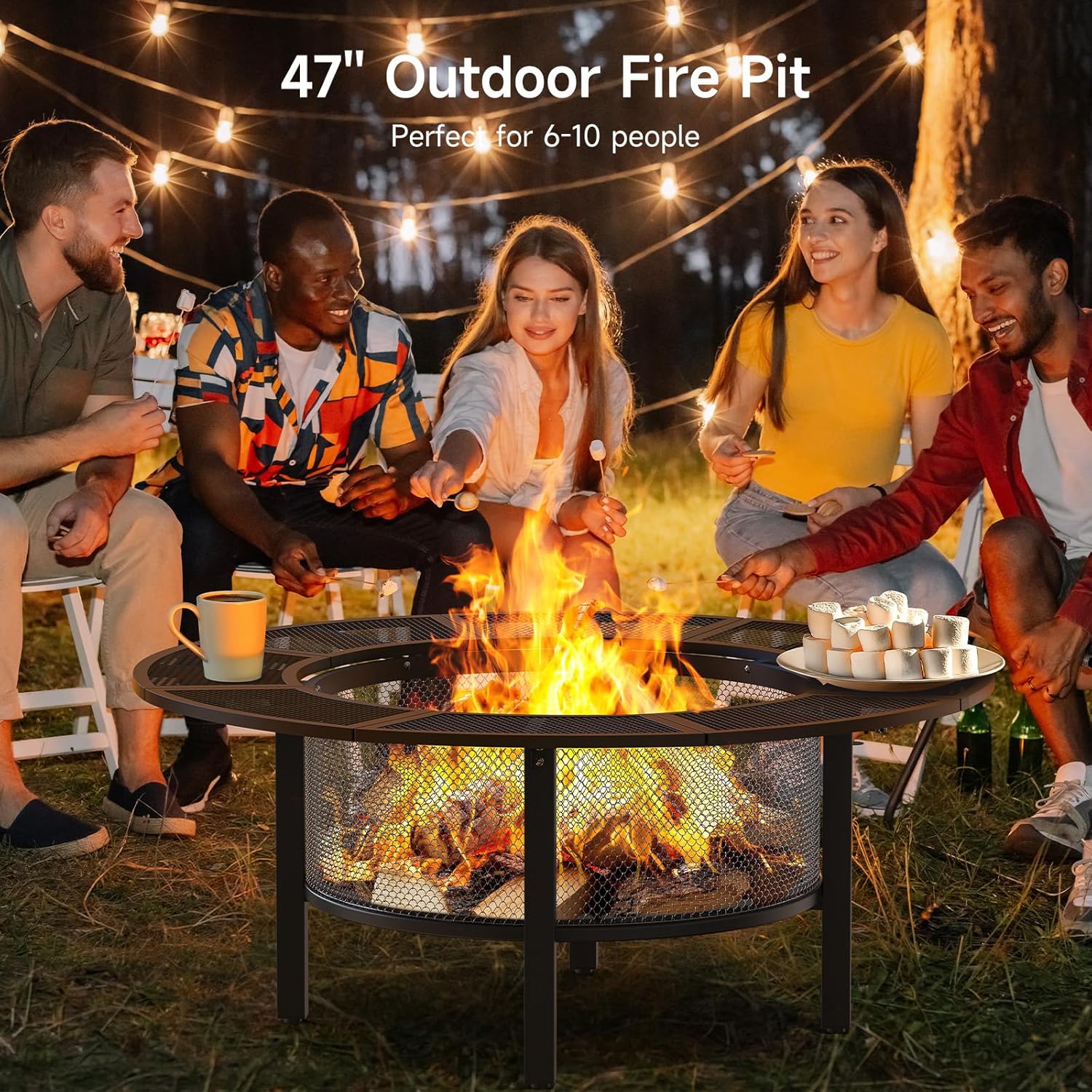 ONBRILL 2-in-1 47 Inch Fire Pit with 2 Swivel Cooking Grills, Outdoor Wood Burning Firepit with Poker for BBQ, Bonfire, Picnic, Party, Round Metal Fire Pit for Outside, Backyard, Patio