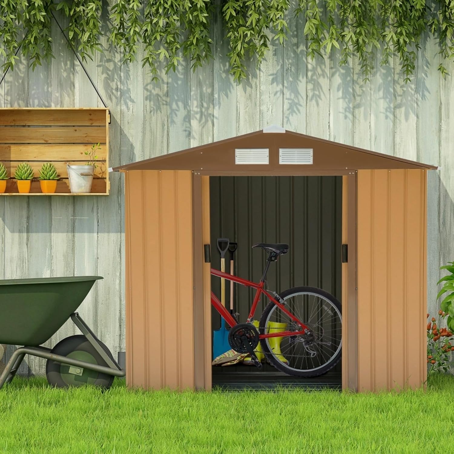 7' x 4' Outdoor Storage Shed, Garden Tool House with Foundation, 4 Vents and 2 Easy Sliding Doors for Backyard, Patio, Garage, Lawn