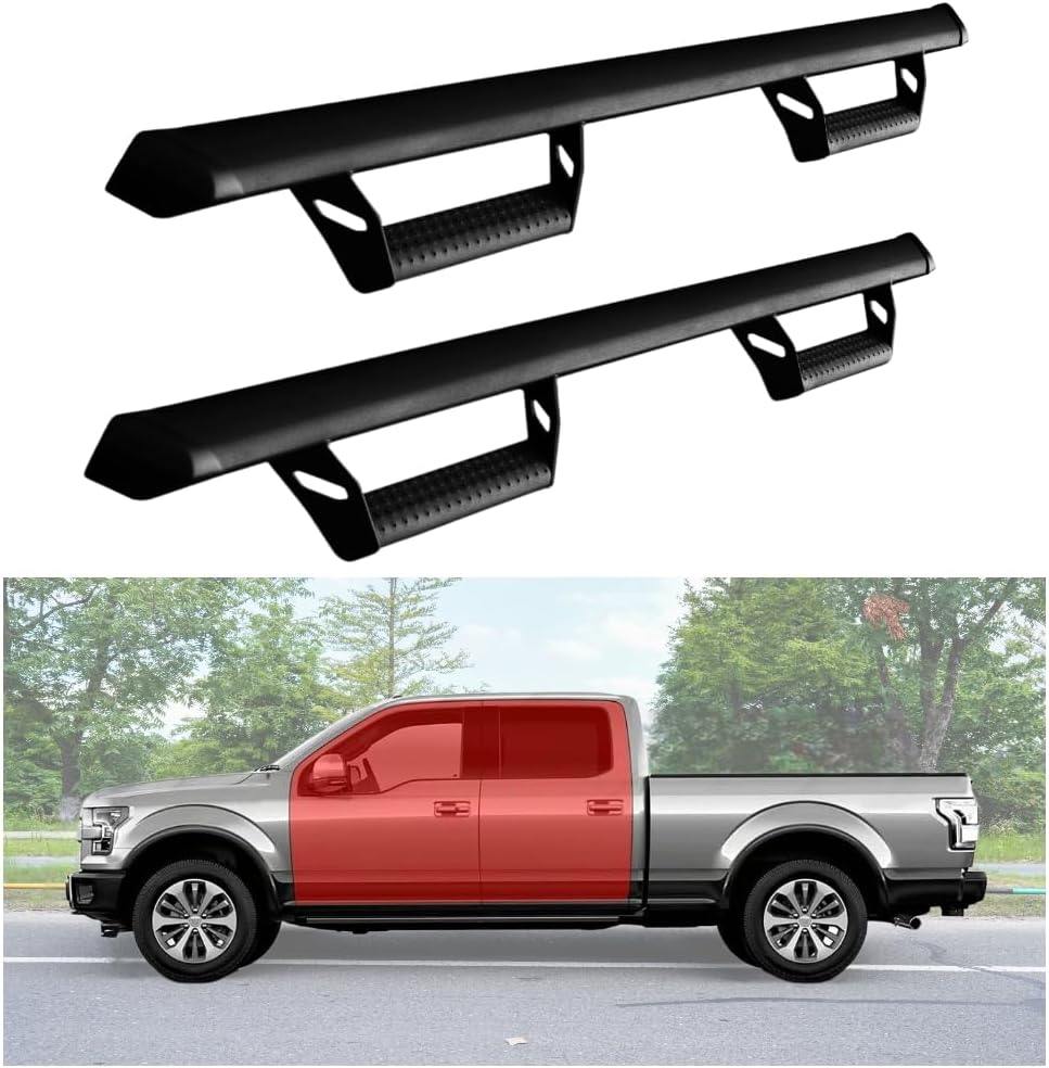 Aluminum Running Boards for 2015-2025 F150 2017-2025 F250 F350 Super Duty Supercrew Cab 600 Lbs Off Road Exterior Accessories Drop Down Hoop Style Black 2Pcs