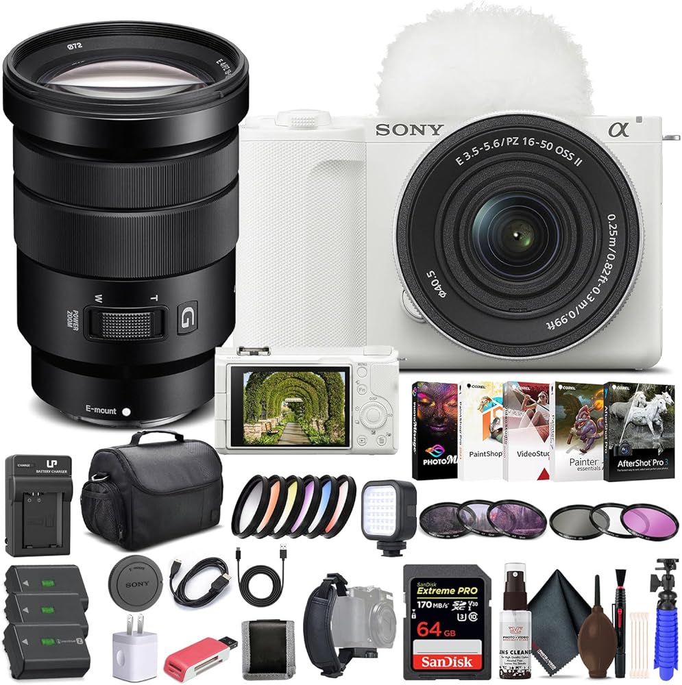 Sony Alpha ZV-E10 II Mirrorless Camera with 16-50mm Lens (White) (ZVE10M2KW) - Sony 18-105mm Lens, 64GB Memory Card, Color Filter Kit, Filter Kit, Photo Software, Bag, More