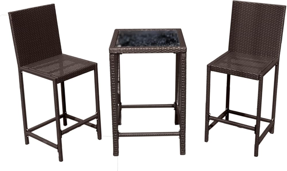 Hiland AW-226B 3 Piece Woven Resin Wiker Outdoor Furniture Bar Chair and Table Set, Medium, Dark Brown
