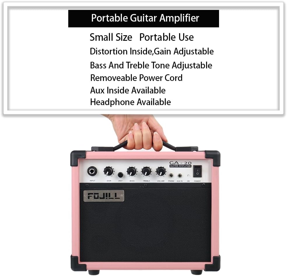 Fojill Full Size 4 Four String Electric Bass Guitar 20W Amplifier Amp Right Hand Beginner Starter Kit Set Combo Bundle Accessory Gig Bag,Strap,Picks,Capo,Noiselss Cable,Strings (Pink)