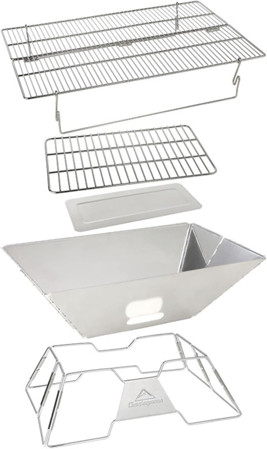 Folding Campfire Grill with Carrying Bag, Stainless Steel Campfire Pit Outdoor Wood Stove Burner Camping Charcoal BBQ Grill for Outdoor Travel (Rectangular)