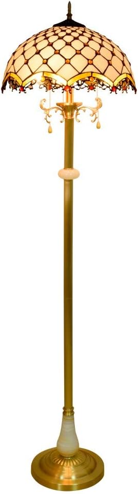 16-Inch Tiffany-Style European Warm Color Glass Floor Lamp Pure Copper Vertical Readlamp for Study Bedroom Room Decoration