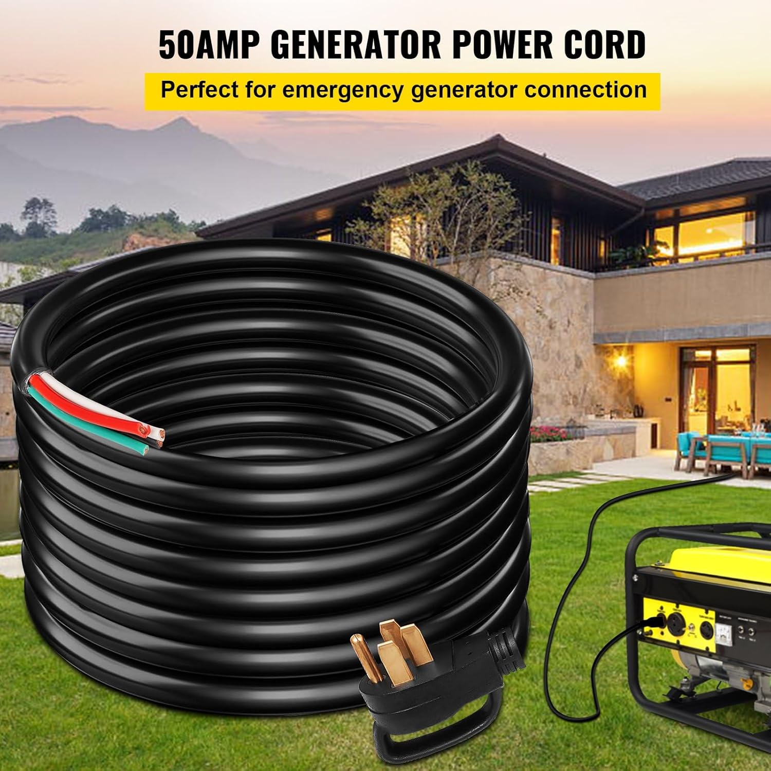 40Ft Generator Extension Cord, 50Amp 6 Gauge STW, N14-50P to Bare Wire Cut Cord for RVs, Motor Homes, and Portable Generators