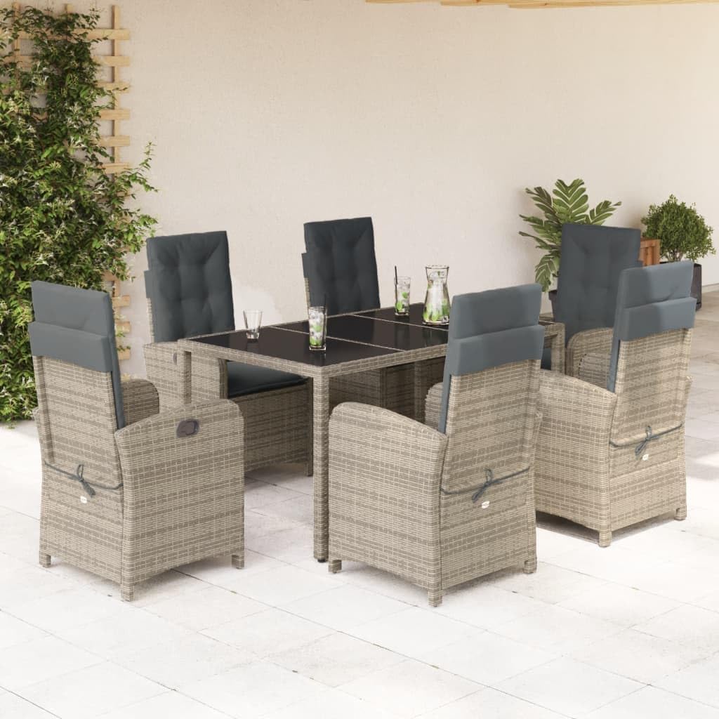7 Piece Patio Dining Set with Cushions Gray Poly Rattan,Rattan Garden Dining Set with Reclining Chairs and Glass Tabletop for Outdoor or Patio Use Furniture Sets for Patio, Lawn & Garden