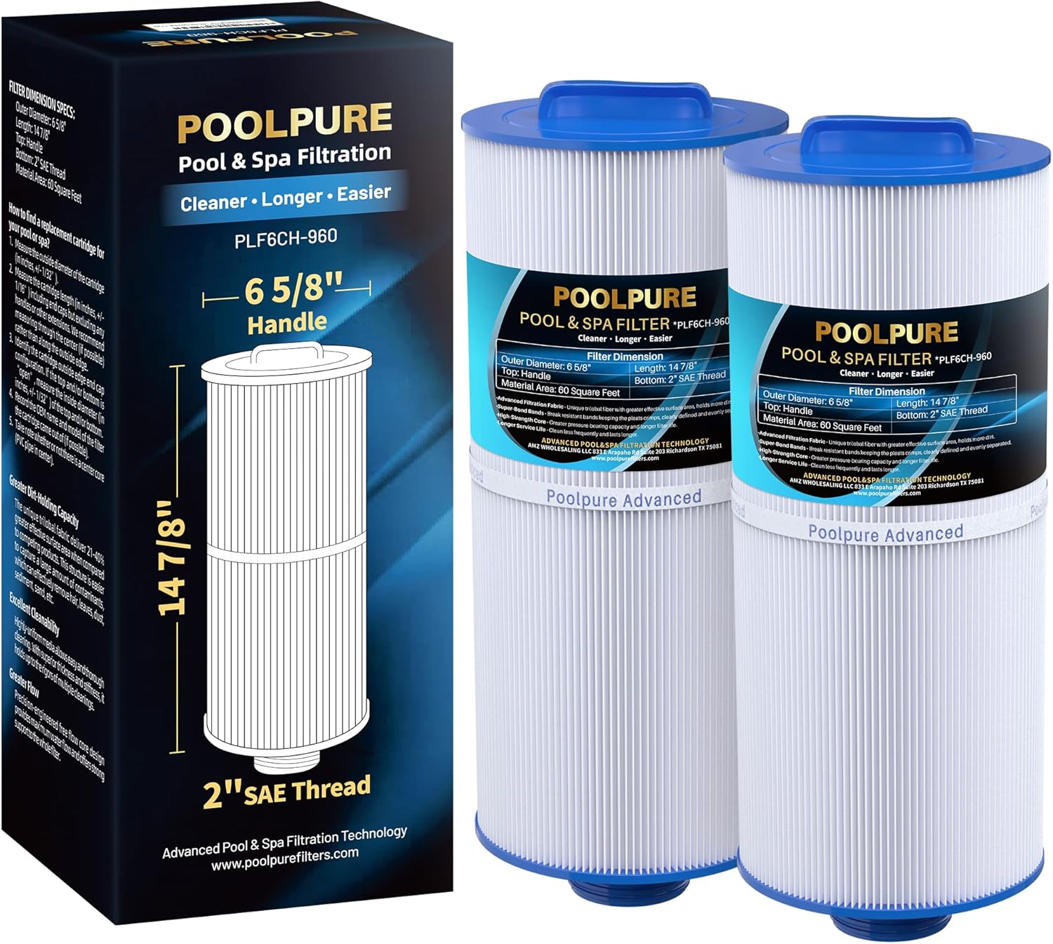 POOLPURE PLF6CH-960 Spa Filter Replaces PJW60TL-F2S, Jacuzzi Filters J-300, J400, Unicel 6CH-960, Filbur FC-2800, 6540-476, 6540-383, Hot Tub Filter with Closed Handle(Not be Removed) 2 Pack (14 7/8