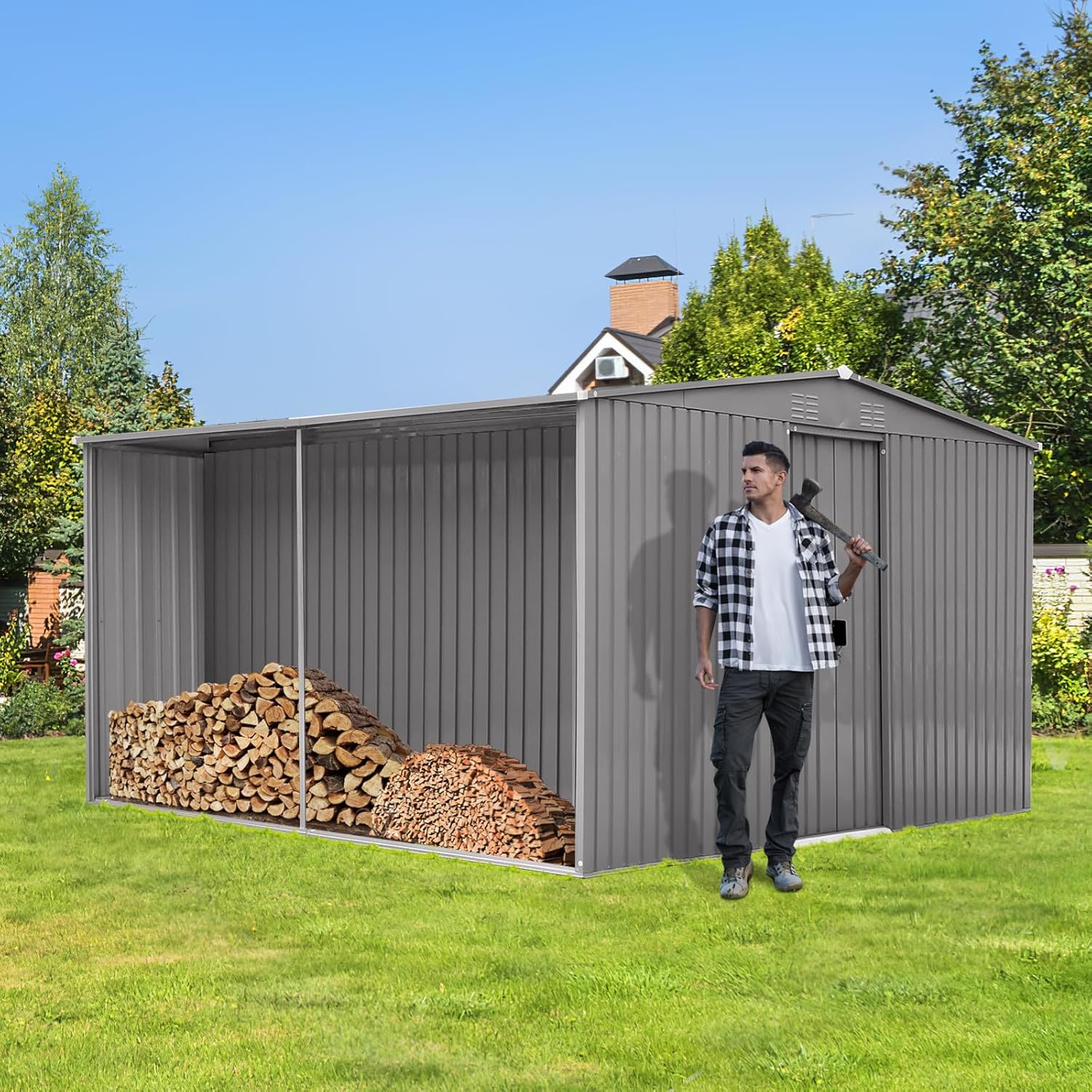 KEIKI 12' x 14' Outdoor Storage Shed– Dual Function Metal Shed & Firewood Shed with Apex Roof & Durable Punched Vents, Garden Tool Shed for Bike,Toy, Garbage Can, Grey
