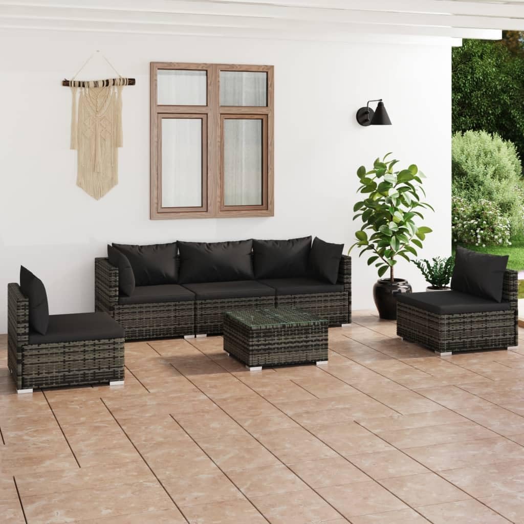 6 Piece Patio Lounge Set with Cushions Poly Rattan Gray, Patio Furniture Sets, Outdoor Furniture