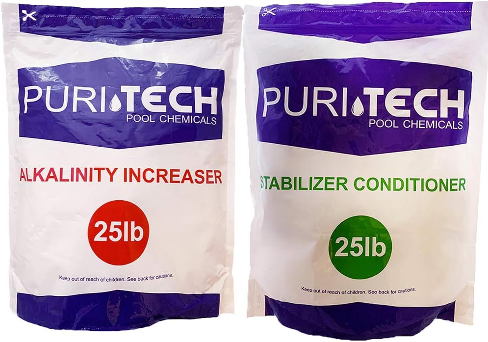 Puri Tech Chemicals 25 lb Alkalinity Increaser & 25 lb Stabilizer Conditioner Kit for Swimming Pools & Spas Balance Levels Keep Surfaces & Water Clean
