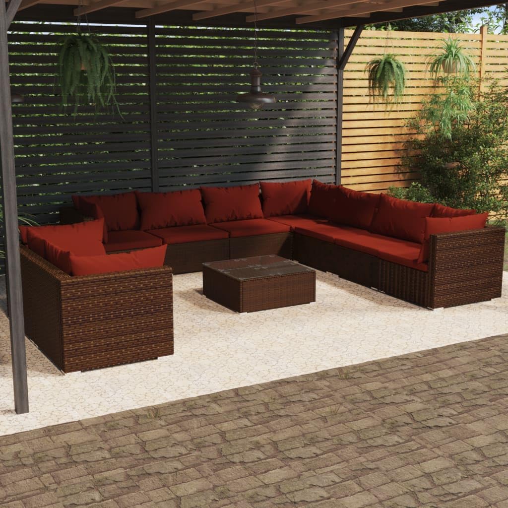 10 Piece Patio Lounge Set with Cushions Brown Poly Rattan,Relaxing Outdoor Poly Rattan Patio Lounge Set with Cushions for Leisure Time Patio Furniture, Outdoor Furniture Sets