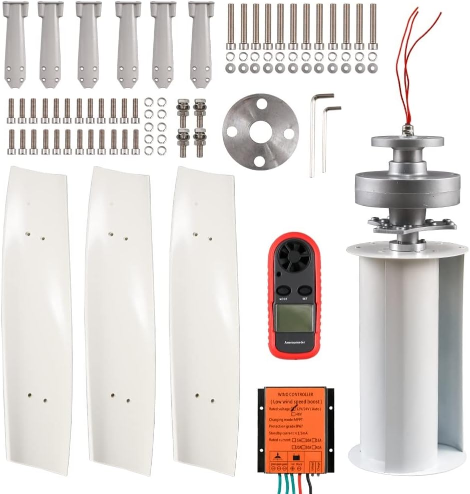 Wind Power Turbine Generator Windmill Energy 12v 24v Turbine 2kw 2000w 3 Blades Vertical Axis Permanent Maglev Generator with Mppt Controller (Color : 1500W-01, Size : Turbine ONLY_24V)