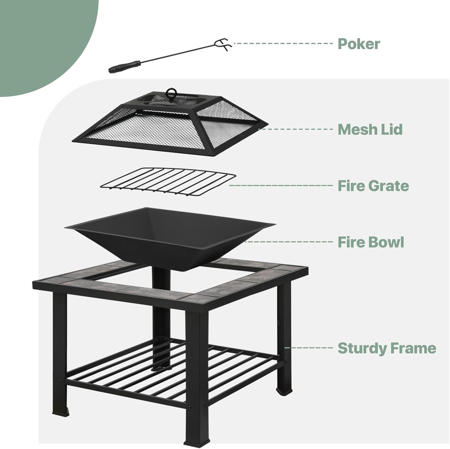 Patio Fire Pit Table, Heavy Duty Square Firepit for Outside 30 Inch Wood Burning Fire Pits Table with Cover Poker & Grate for Outside Heating, Bonfire and Picnic
