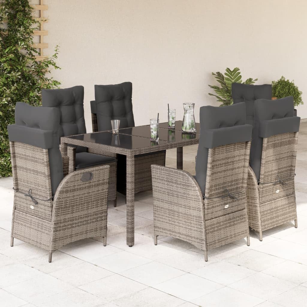 7-Piece Grey Poly Rattan Garden Dining Set, Adjustable Backrests, UV Resistant, Powder-Coated Steel Frame, Outdoor Patio Furniture for 6 People