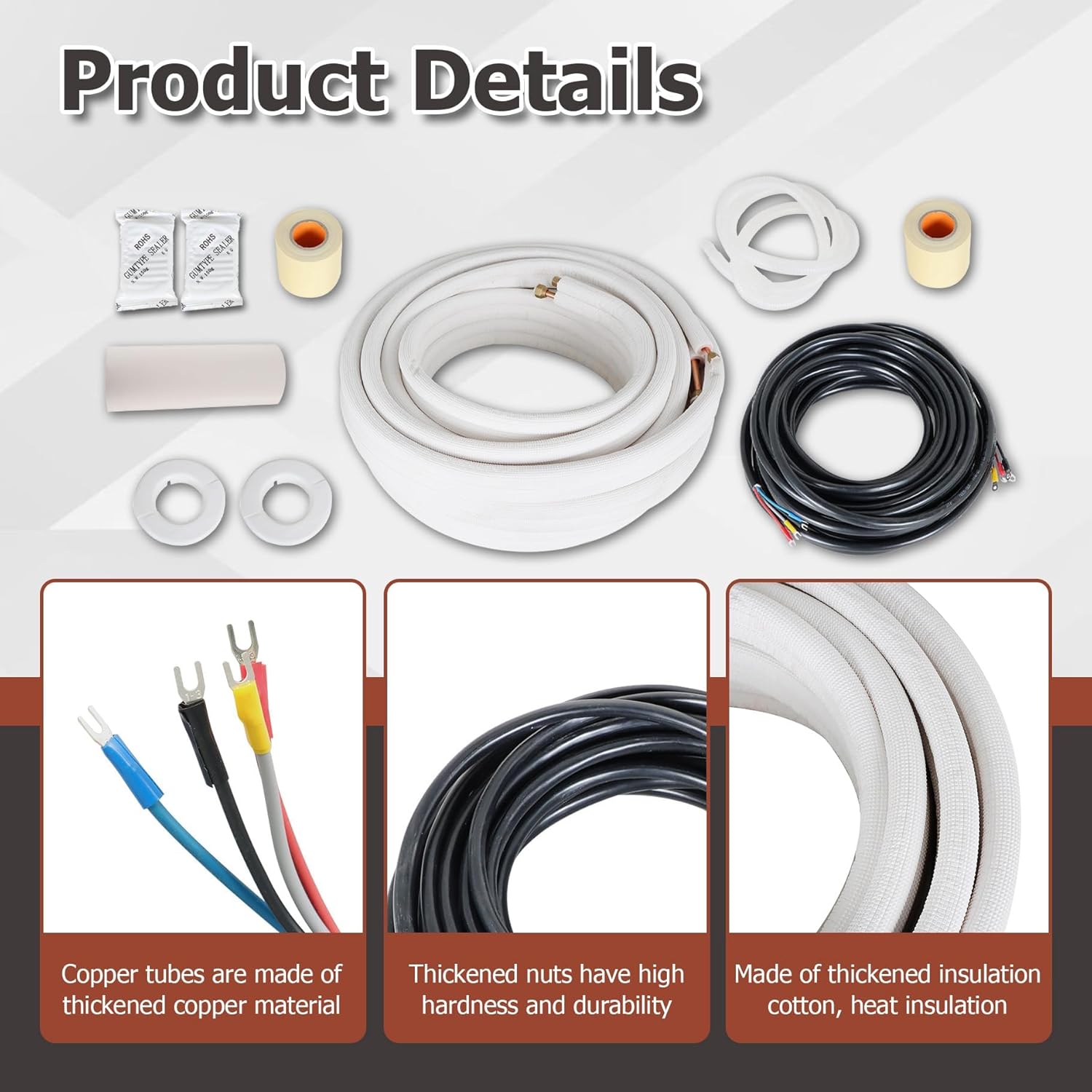 50 FT Air Conditioning Copper Hose Extension, 1/4 and 3/8 Inch Thickened Insulation Cotton with Nuts and Other Accessories Fit for Mini Split Air Conditioner