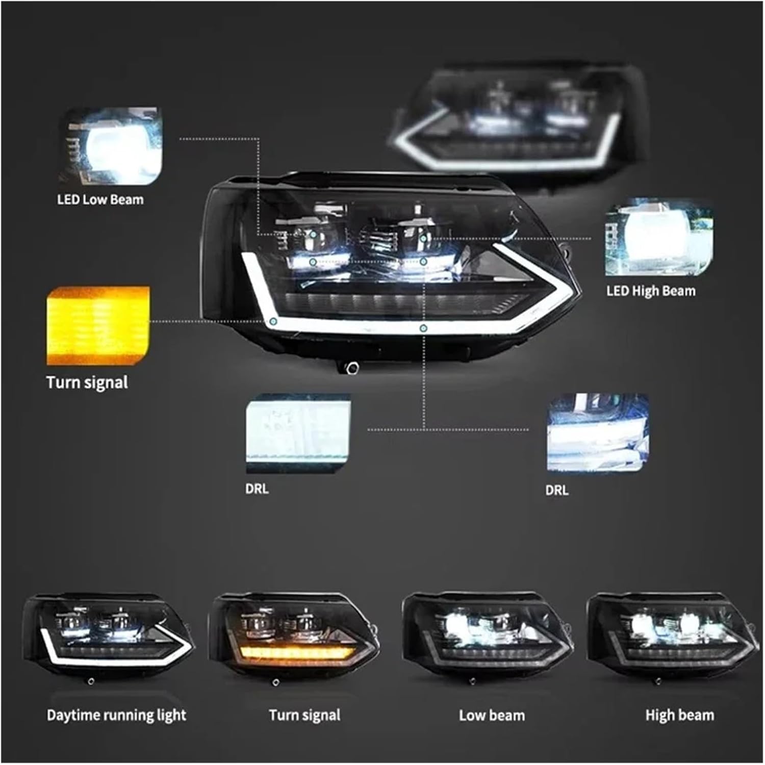 Pair Full LED Headlights Assembly Compatible For VW Caravelle T5 2011-2015 Car Headlamp With DRL Turn Signal Auto Accessories