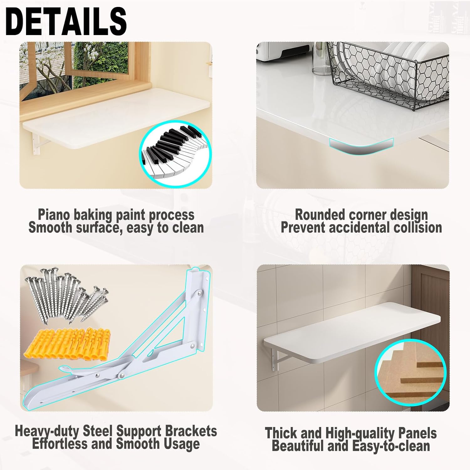 Wall Mounted Folding Table for Laundry Room Piano Baking Paint Waterproof, Wall Mount Table Fold Down Multi Size, Foldable Desk for Kitchens、Handicraft Production、Bars、Sewing Station（White）