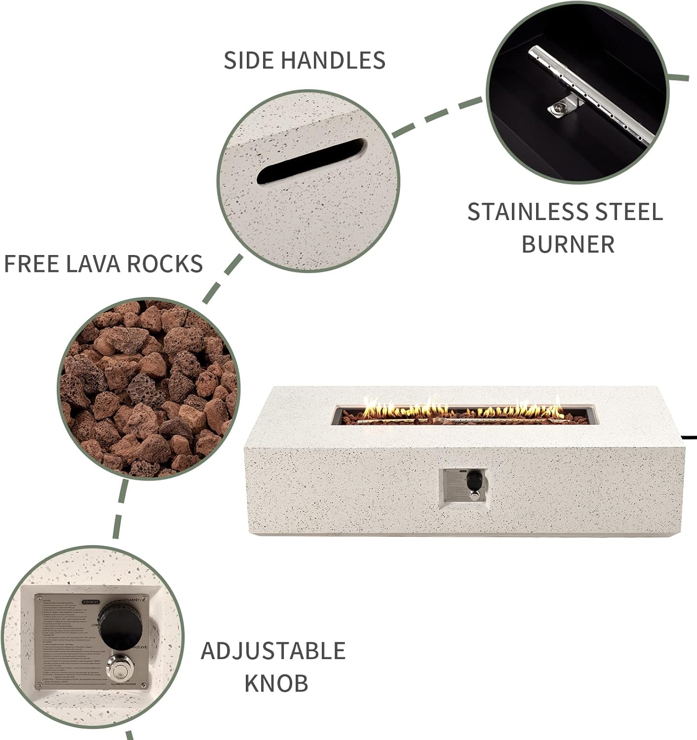 COSIEST 56-inch x 28-inch Outdoor Propane Fire Pit Coffee Table w Concrete Rectangle Base, 50,000 BTU, Free Lava Rocks and RainCover, Fits 20lb Tank Outside