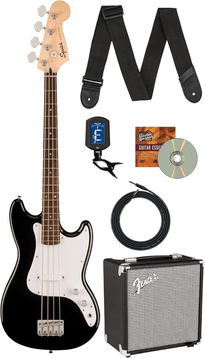 Fender Squier Sonic Bronco Bass Guitar - Black Bundle with Rumble 15 Bass Amplifier, Cable, Tuner, Strap, and Austin Bazaar Instructional DVD