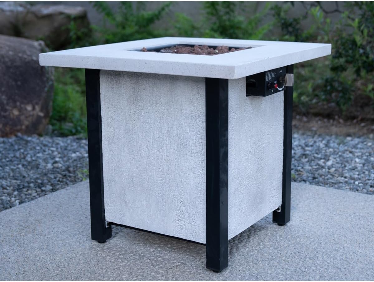 28-inch Square Propane Fire Pit Table, 50,000 BTU Outdoor Patio Heater with Realistic Charcoal Texture & Cover, Creamy White CSA Certified Gas Fire Pit for Garden