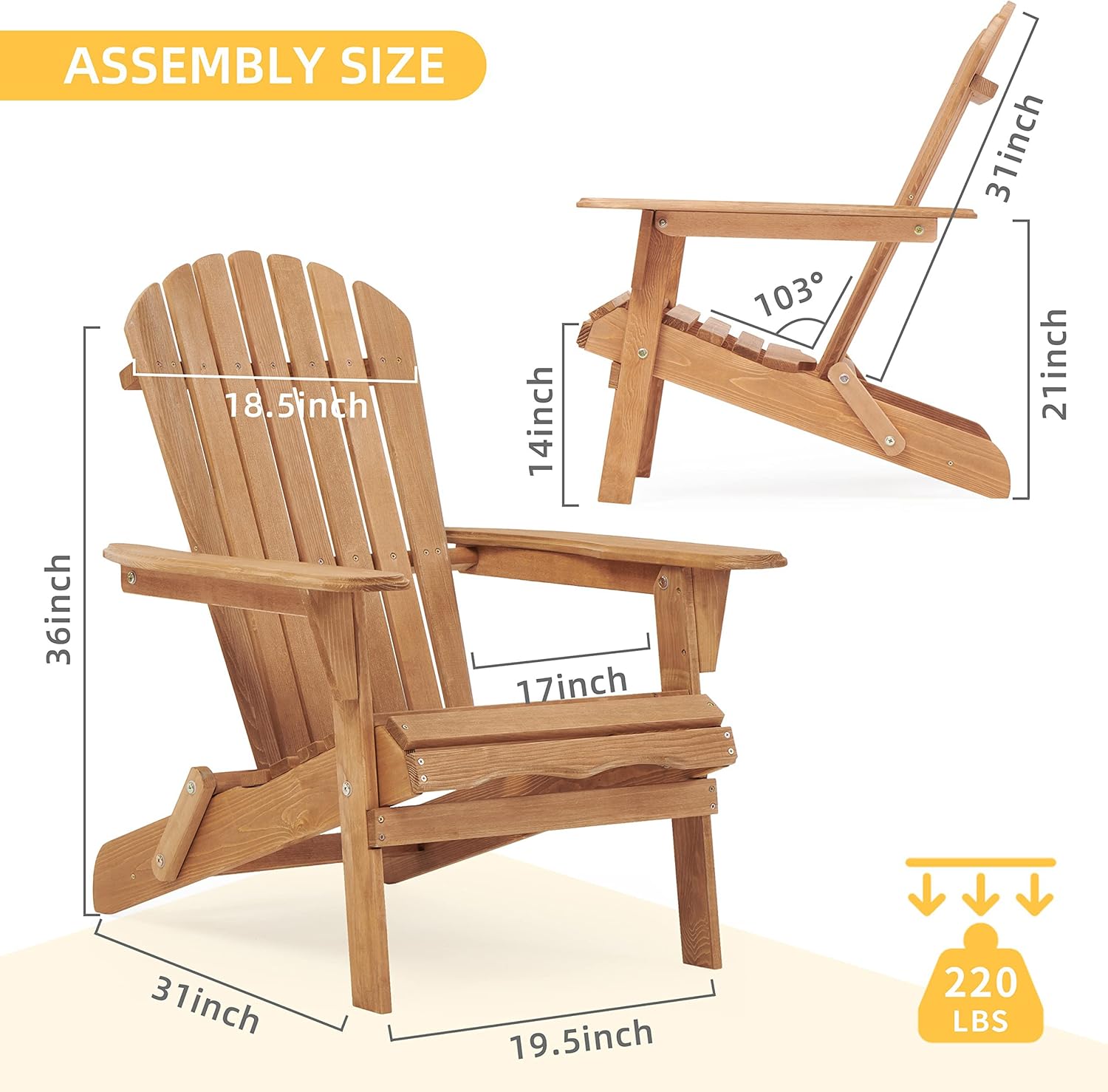 Wooden Outdoor Folding Adirondack Chair Set of 2, Solid Wood Lounge Patio Chairs for Garden, Lawn, Backyard, Deck, Poolside, Fire Pit, Half Assembled, Light Brown, 31x28x36 inches