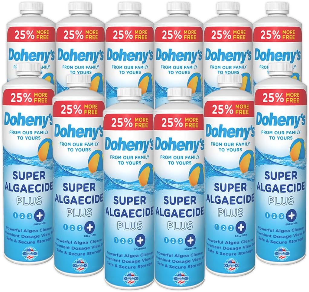 Doheny's Super Algaecide Plus | Pro-Grade | Effective Against Most Algae Types | 7.1% Chelated Copper (Reduces Staining) | Non-Foaming, No Clouding | Safe to Swim After Use | 12 x 40oz Bottles (480oz)