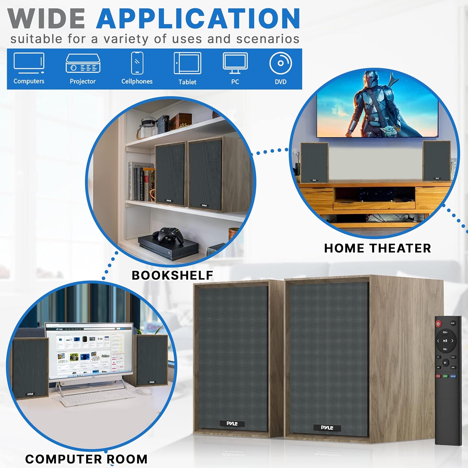 PyleUsa Powered Bookshelf Speaker Monitors HiFi Studio Monitor Computer Desk Stereo Speaker System Opt/Coax/RCA/USB/AUX Out Connection, VOL/TREB/BASS Control Studio Sound, Wood - PBKSRB40