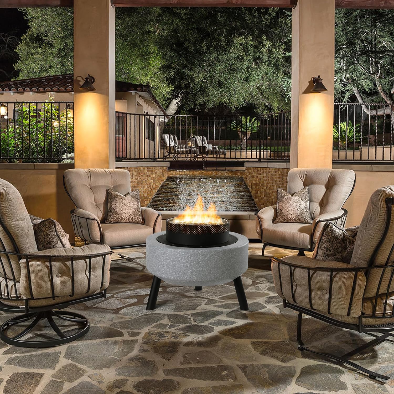 Outdoor Round Fire Pit 25” Faux Concrete Burning Firepit Portable Tripod Charcoal Grill for Patio Garden Backyard Barbecue, with Spark Screen, Firebowl, Poker, Stainless Steel Rack