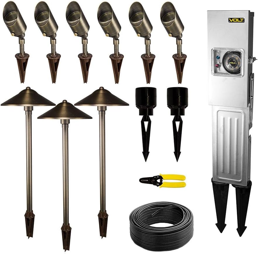 VOLT 12V Brass (Bronze) 6 Spotlight 3 Path Light LED Landscape Lighting Starter Kit with 150W Low Voltage Transformer