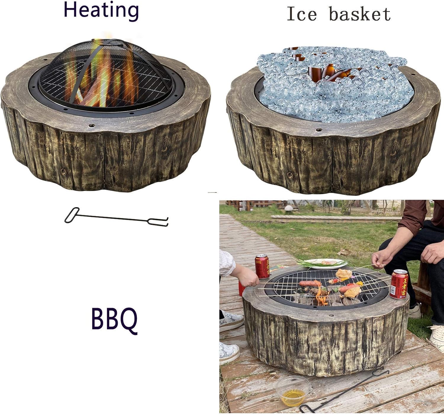 Garden Fire Pit Grill Bowl Grill Barbecue Rack Fire Pits Bowls,for Garden Wood Burning BBQ with Grill and Lid Cast Iron Outdoor Firepit for Log Burning for Patio Camping Waterproof 80cm