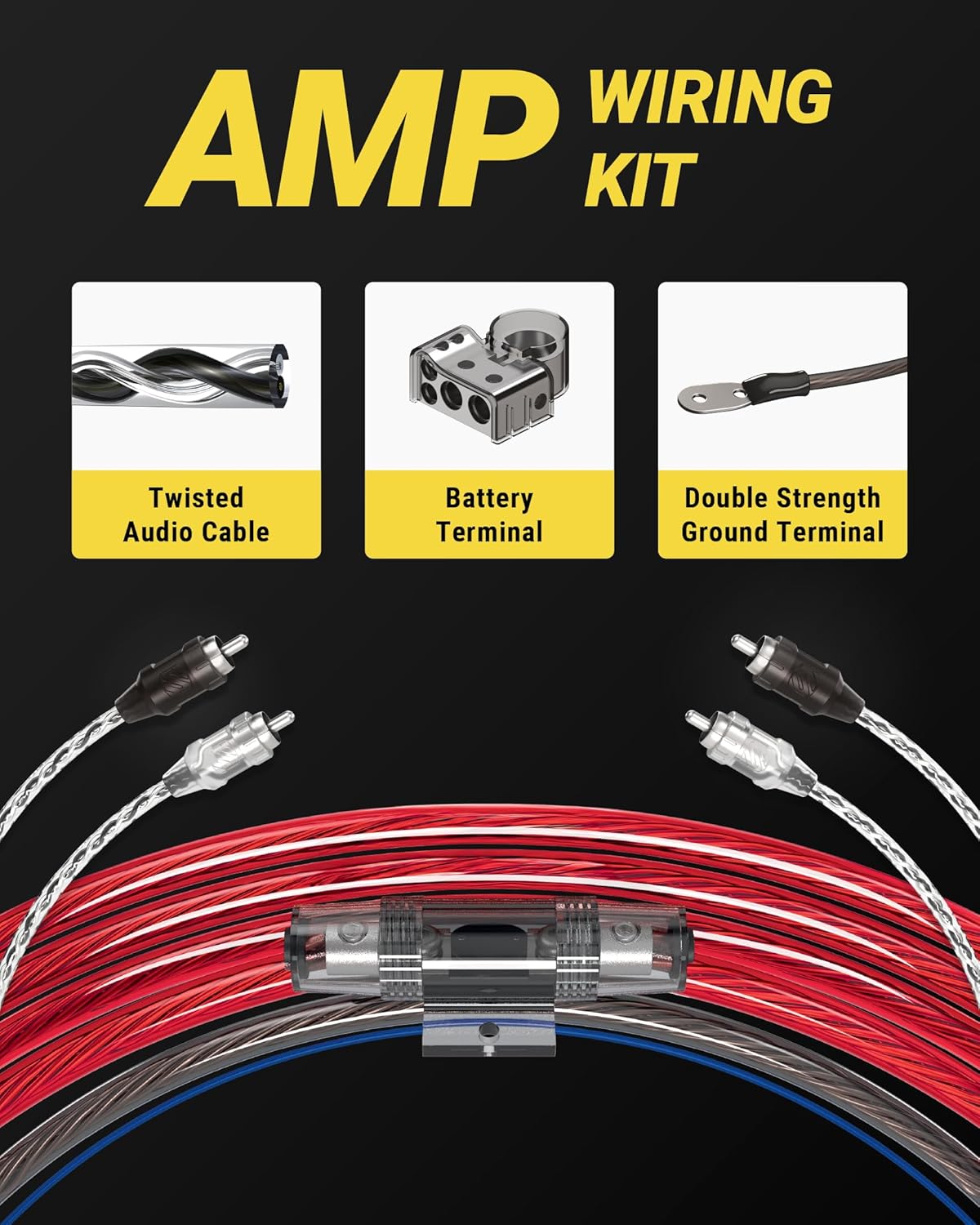Scosche KPA5CC 5 Gauge 2-Channel Amp Wiring Kit, Complete Amplifier Installation Kit for Car Speakers & Subwoofers with Power & Ground Cables, RCA Audio Cable, Speaker Wire, Fuse Holder & Terminals