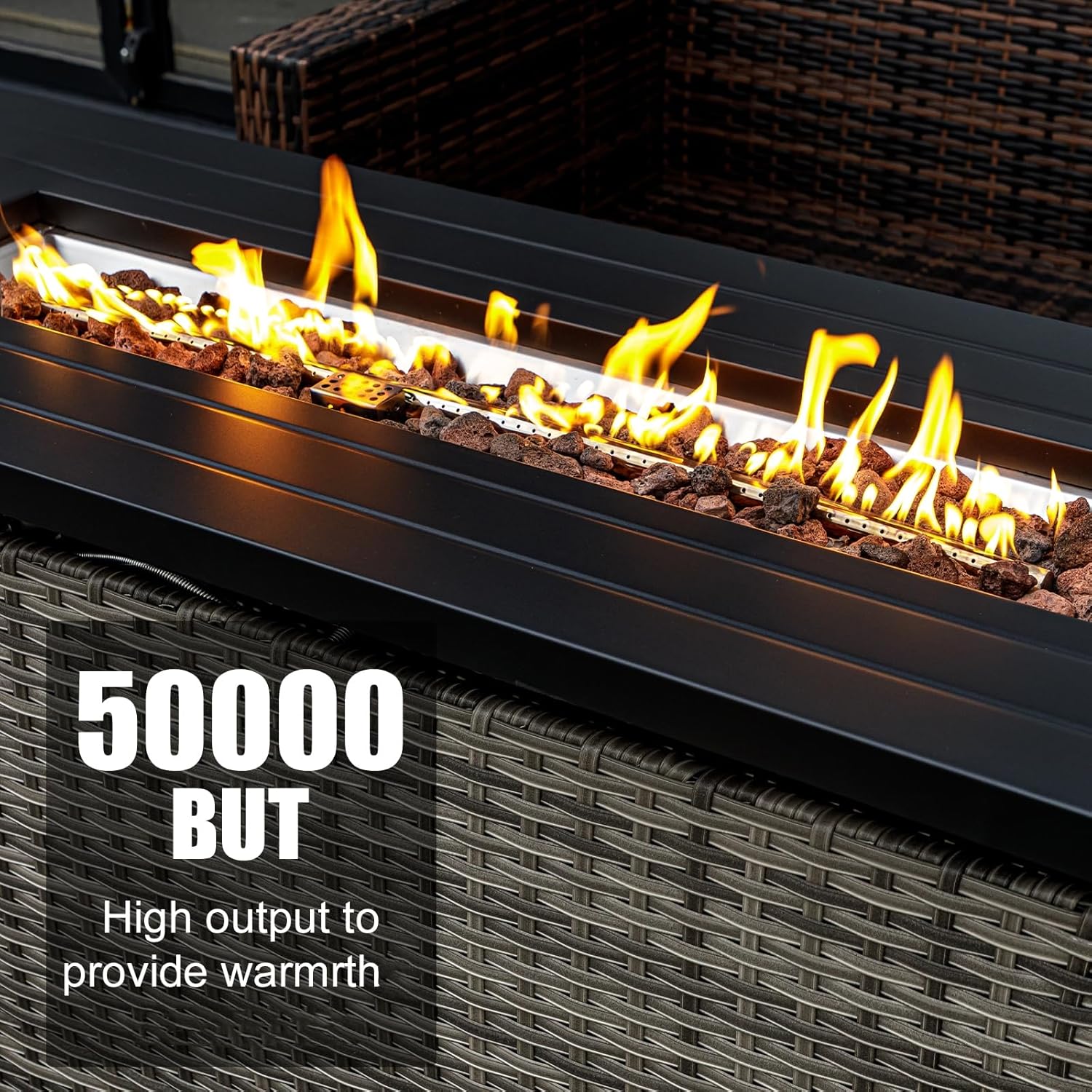 57 inch Propane fire Pit Table with Waterproof Cover & Ratten Side Panel, 50000 BTU Gas Firepit Table with Lid & Lava Rock, Outdoor Fire Pit for Dining or Party, Firepit for Outside, Patio