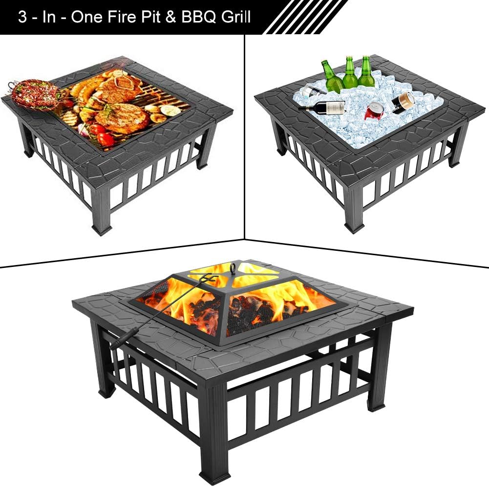 32 Inch Outdoor Metal Square Patio Table Fire Pit, Multifunctional Terrace Backyard BBQ Grill Garden Stove Ice Pit - Wood Burning Fireplace with Mesh Spark Screen Top, Wood Grate and Poker
