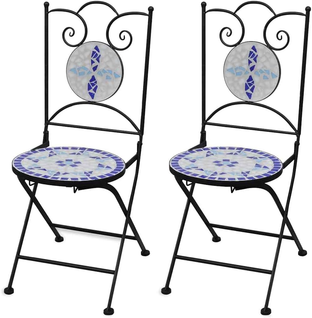 Folding Bistro Chairs 2 pcs Ceramic Blue and White, Patio Chairs