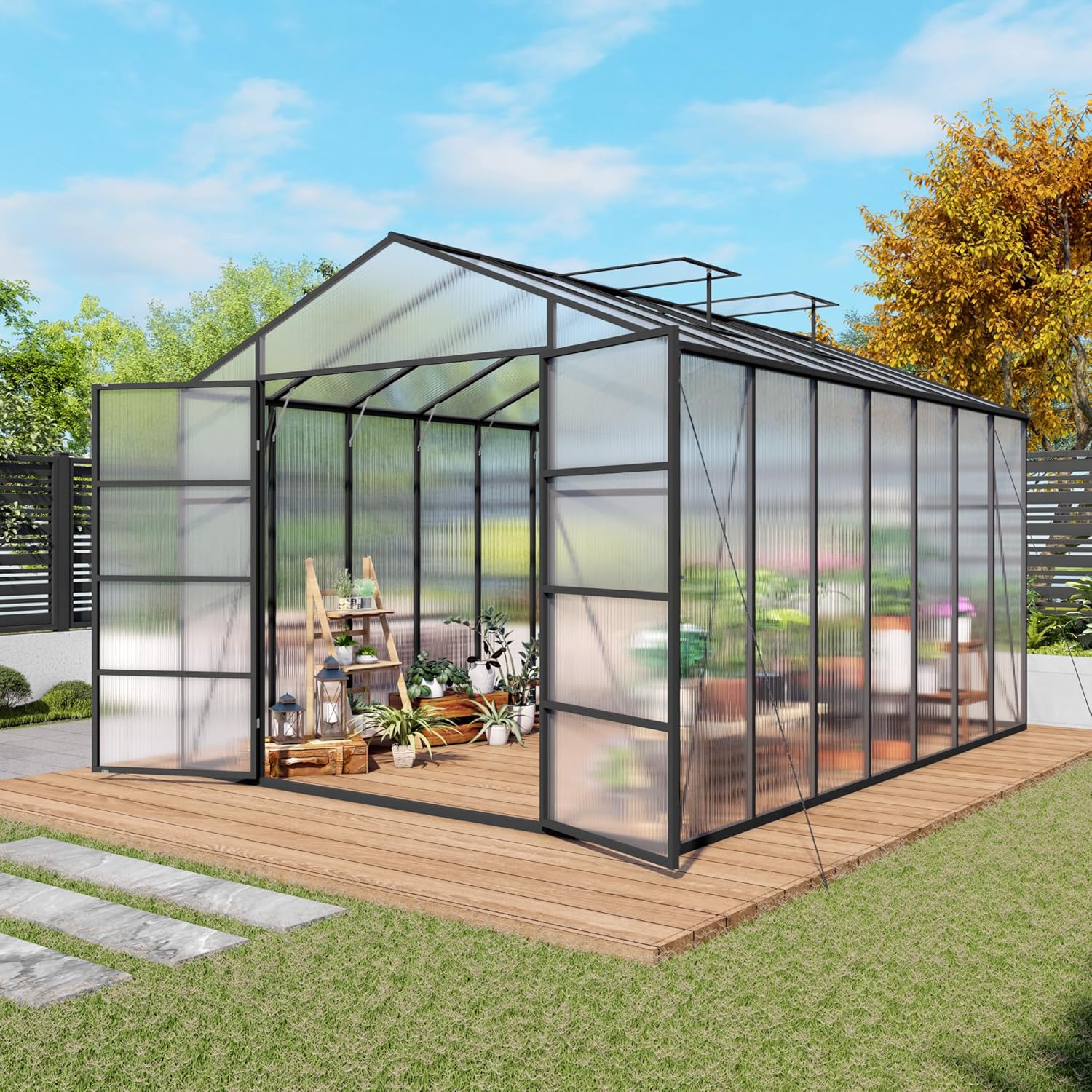 10x14 FT Greenhouse, Heavy Duty Polycarbonate Greenhouses for Outdoors with Thicken Sturdy Aluminum Frame, Large Walk-in Green House with Stakes, Ropes, Roof Vent, for Outside Garden Backyard, Black