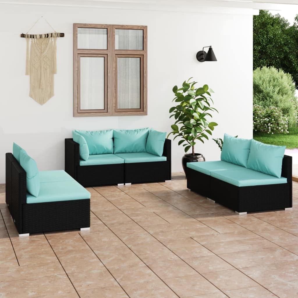 6 Piece Patio Lounge Set with Cushions Poly Rattan Black,Elegant Outdoor Patio Lounge Set with Modular Design and Durable Construction Patio Furniture, Outdoor Furniture Sets