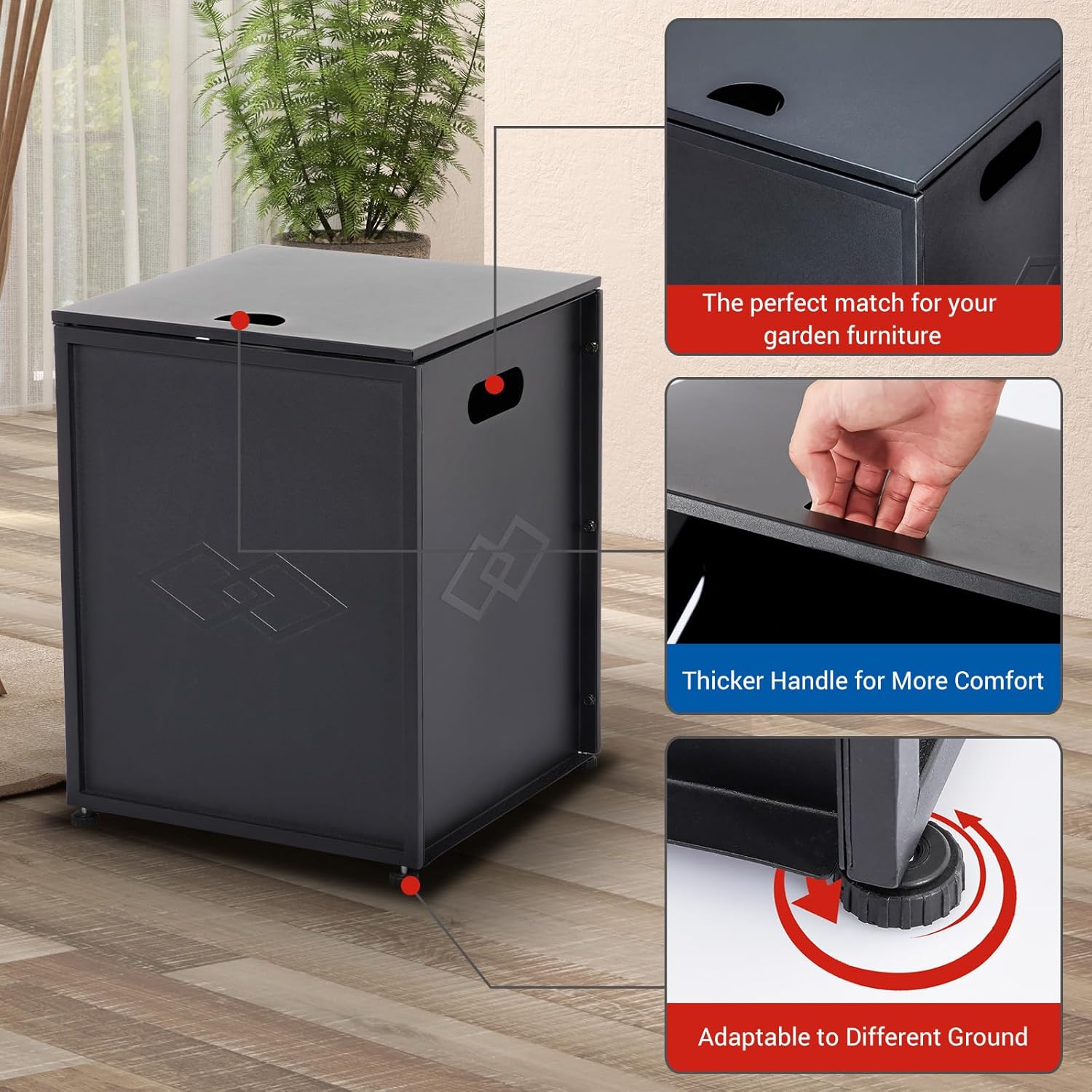 Weatherproof Propane Tank Cover Table with Handles – Outdoor 20lb Gas Tank Storage Hideaway for Fire Pits & Griddles – Sturdy Patio Deck Storage Box – Black-Rhombus