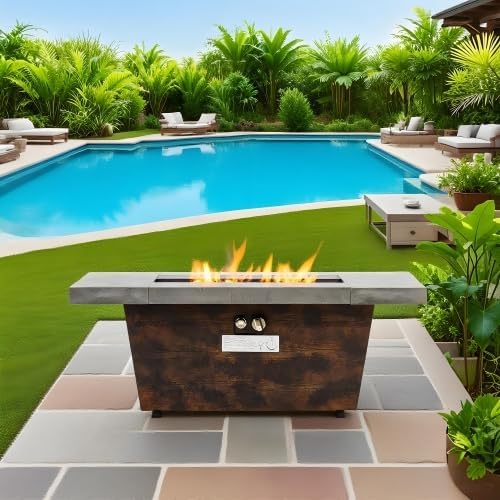 42 Inch Gas Fire Pit Table, Rectangle Fire Pit Table with Cement-Imitating Texture Effect Design, 50000BTU Outdoor Firepit Table for Patio, Backyard, Garden Heating