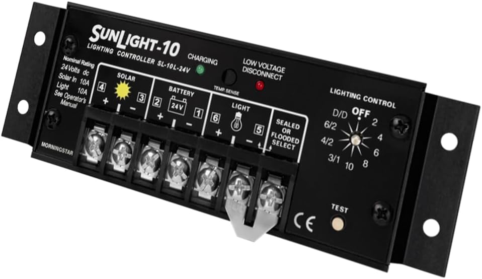 Morningstar Sunlight 10A Solar Charge Controller (SL-10L-24V) - Solar Panel Regulator for 24 Volt Batteries, Lighting Ctrl, Easy Setup, Corrosion Resistant Terminals, 5 Year WTY - Designed in The USA