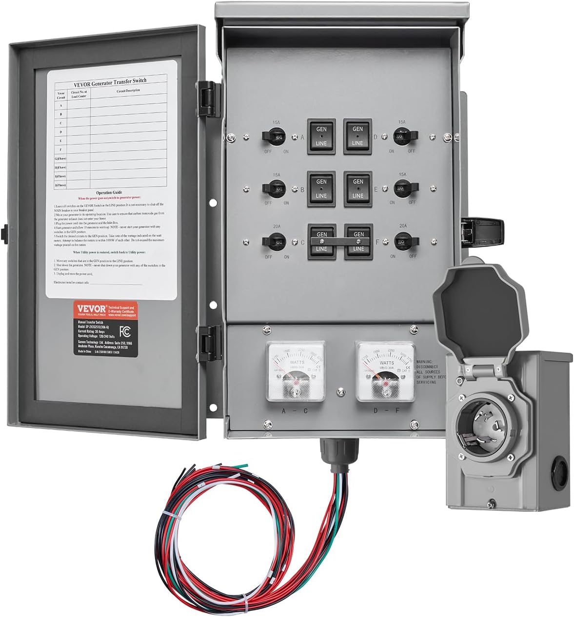 VEVOR Manual Transfer, 30-Amp 6-Circuit, Prewired Generator Transfer Kit with NEMA L14-30P Power Inlet Box, Double-Throw, NEMA 3R, Mechanical Watt Meter, for 7500W Generators